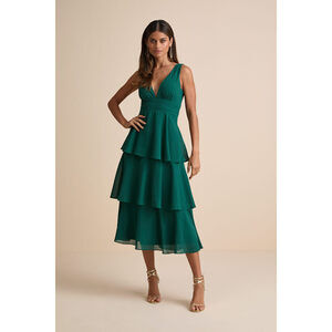 Lulus Celebration Time Emerald Green Sleeveless Tiered Midi Dress - Size L